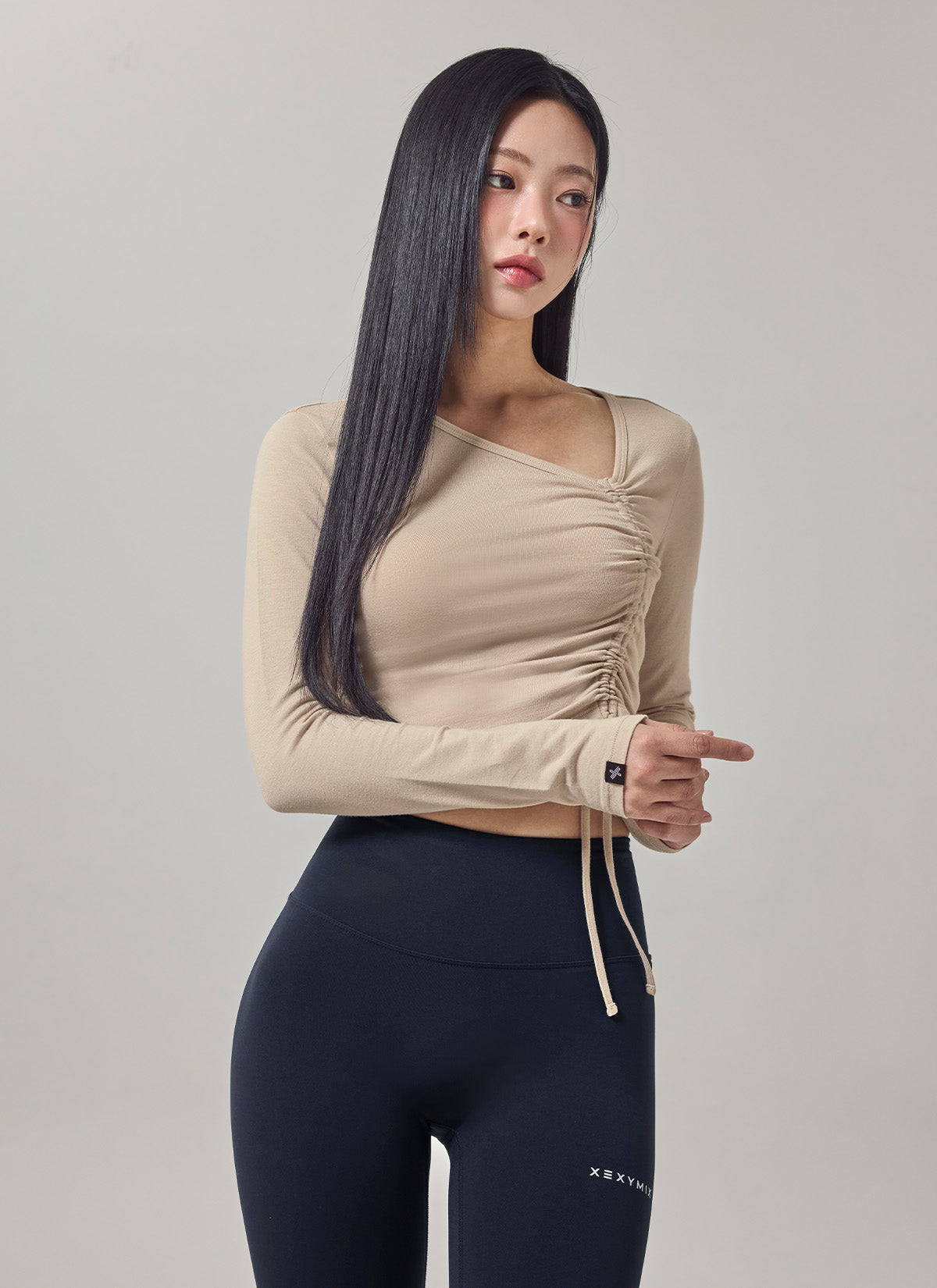 Unbalanced Neck Shirring Long Sleeve