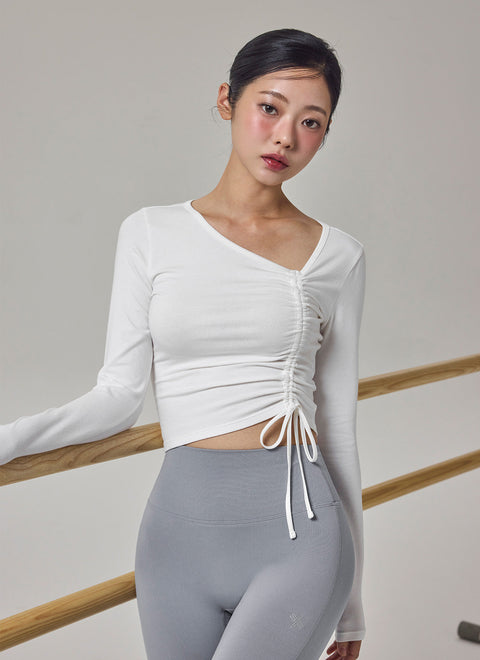 Unbalanced Neck Shirring Long Sleeve