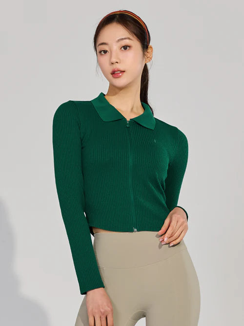 Soft Ribbed Collar Zip-up